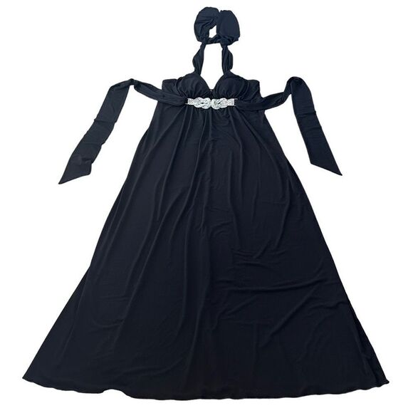 XOXO Black Jersey Tie Around Neck Evening Long Maxi Dress LARGE - Picture 1 of 11
